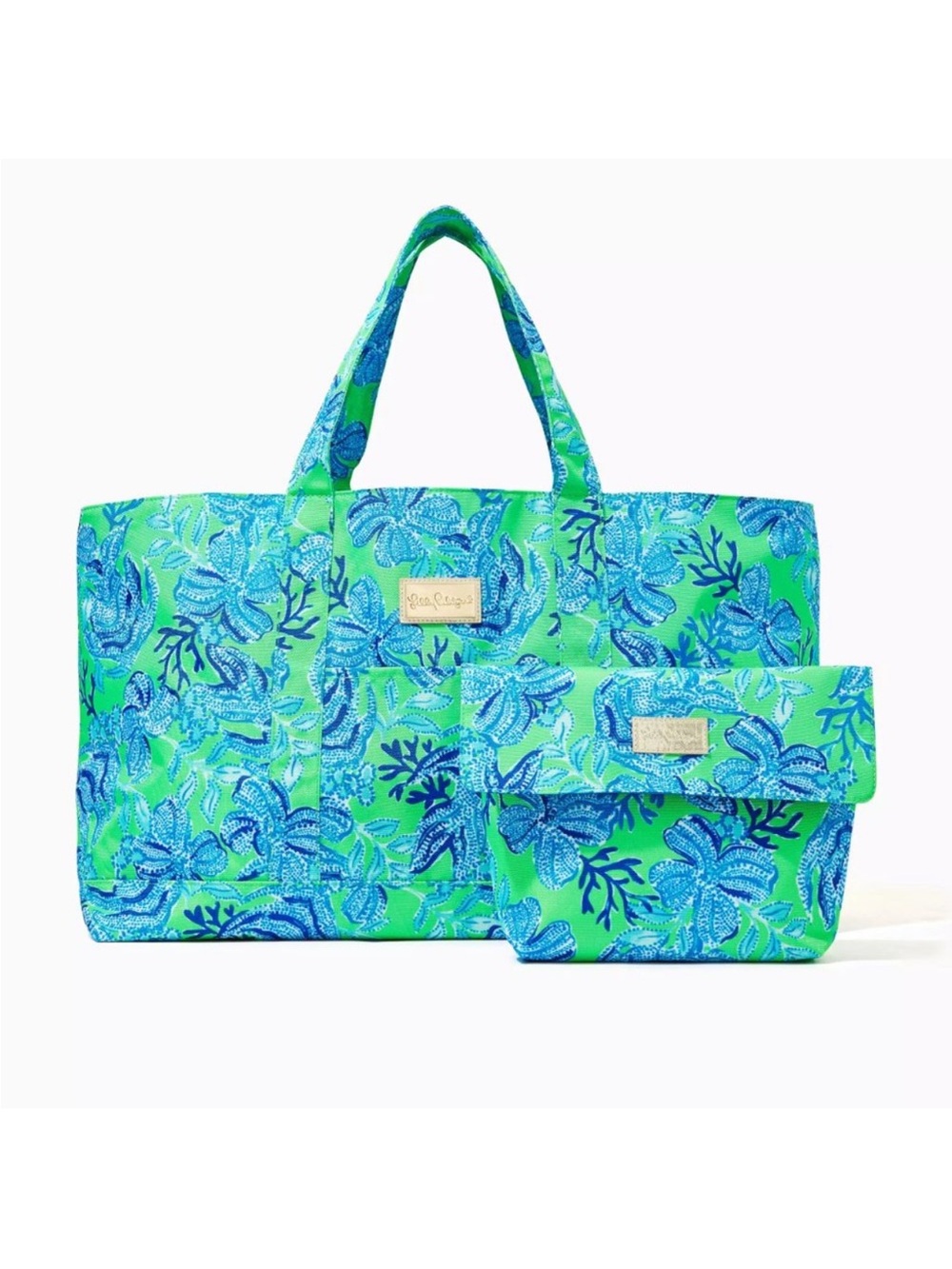 Lilly Pulitzer Green & Blue Floral Pool Tote with Matching Pouch Cabana Green